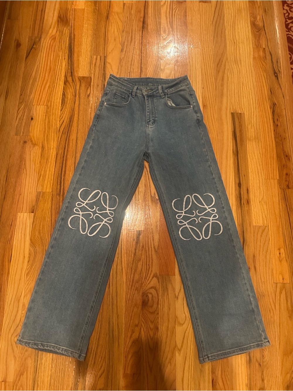 Women's Blue Denim Jeans with White Knee Motif size Medium